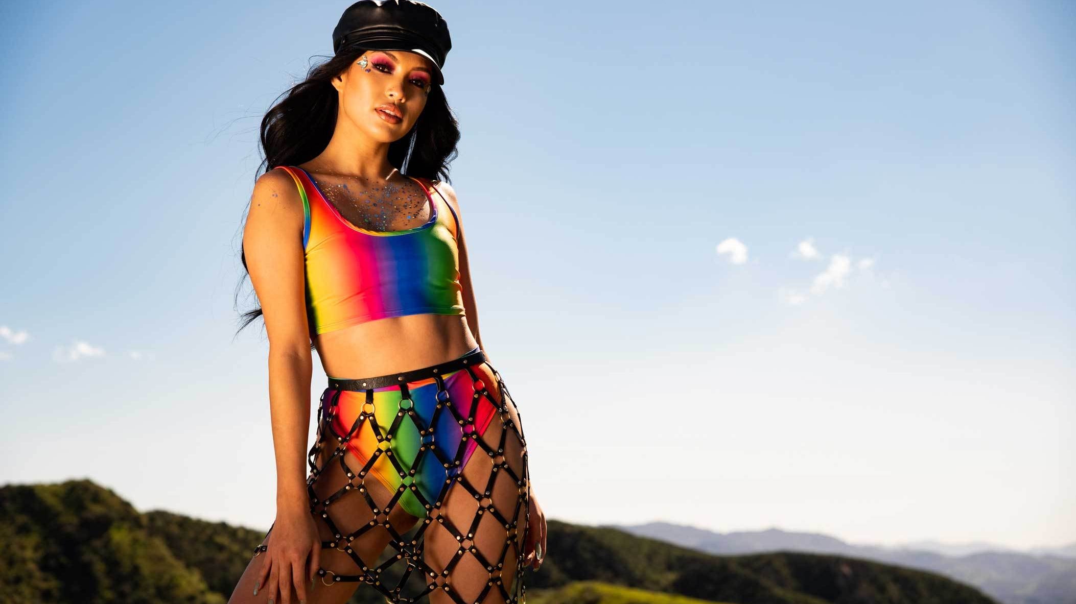 Rainbow Set Outfit with Black Faux Leather skirt
