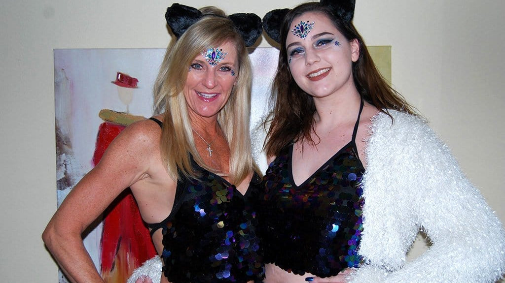 Mom & Daughter Matching Rave Outfits with Black Fuzzy Cat Ears & Sequin Halter Top
