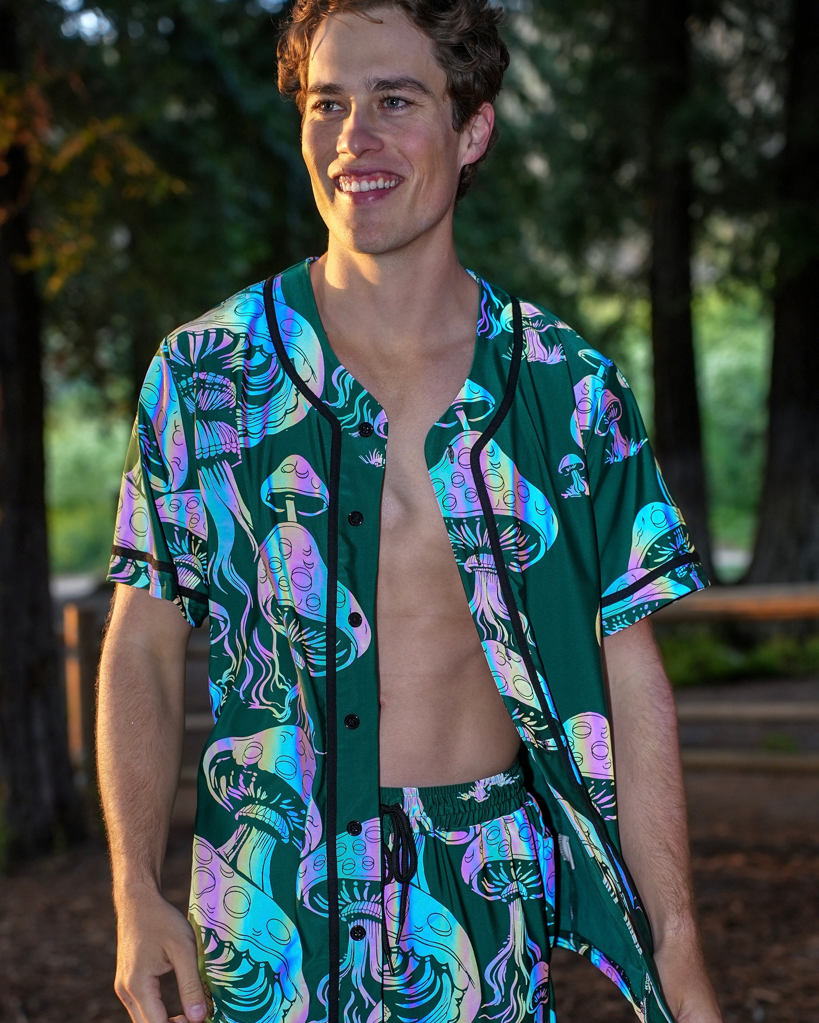 Secret of Life Mushroom Green Rainbow Reflective Baseball Jersey - Image 35867933409463