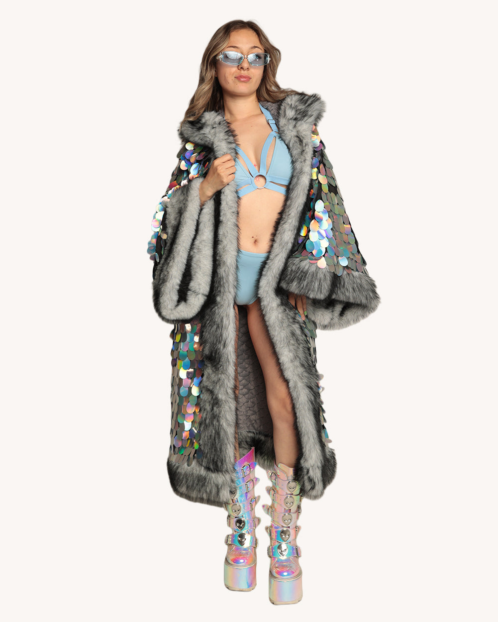 Silver Moon Sequin Duster with Faux Fur - Image 35576475222199