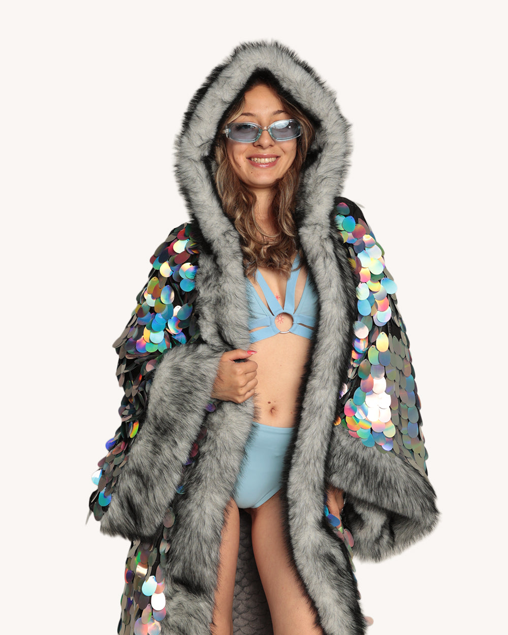 Silver Moon Sequin Duster with Faux Fur - Image 35576475254967