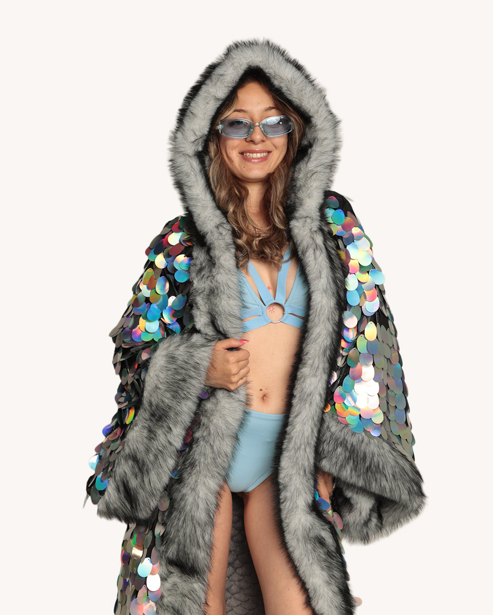 Silver Moon Sequin Duster with Faux Fur - Image 35576475254967
