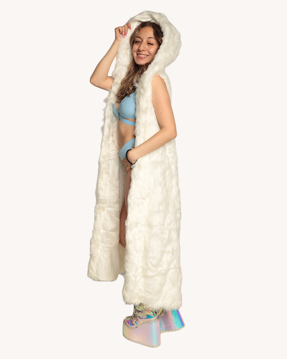 Rainbow Bright LED Faux Fur Long Jacket with Hood - Image 3