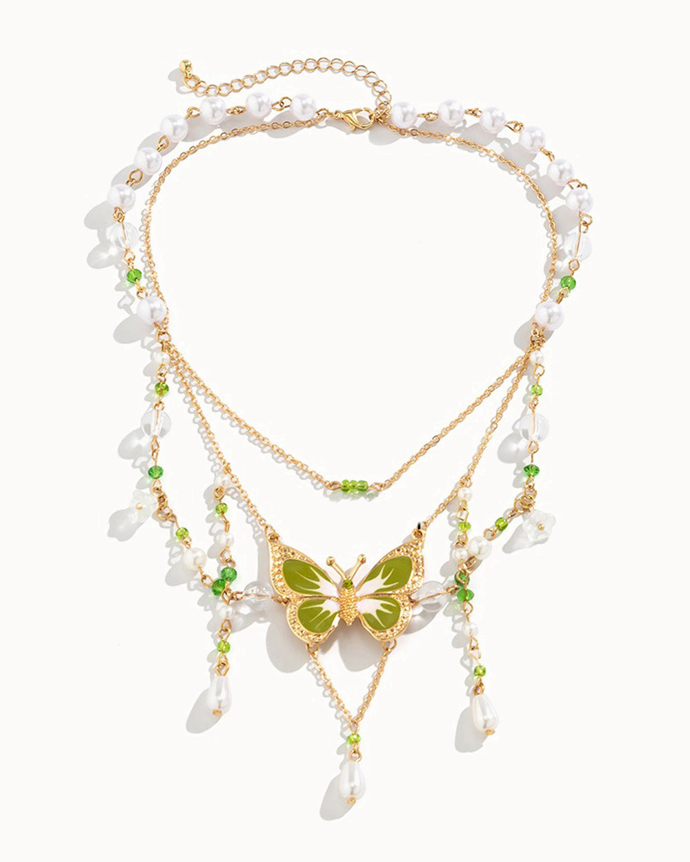 Butterfly Landing Necklace-Green-Regular-Front--Model---S