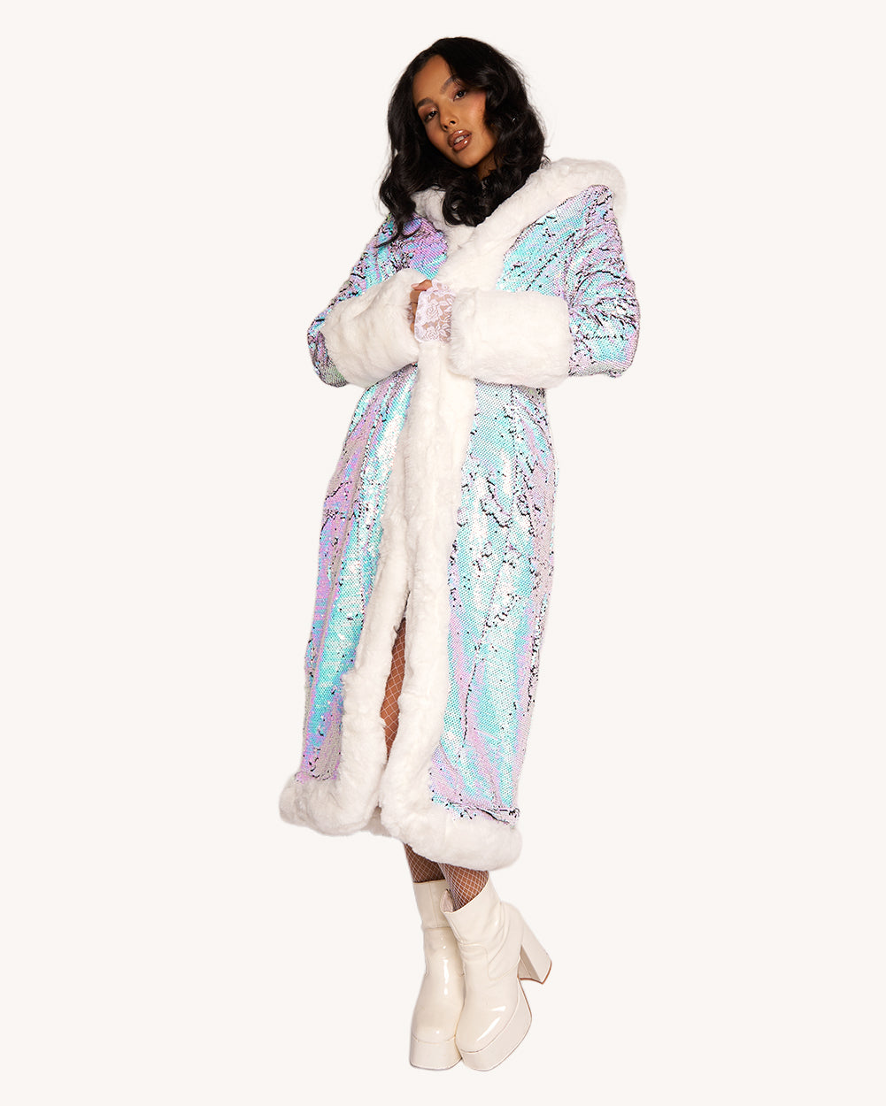 Arctic Allure Faux Fur Sequin Coat - Image 34809138839735