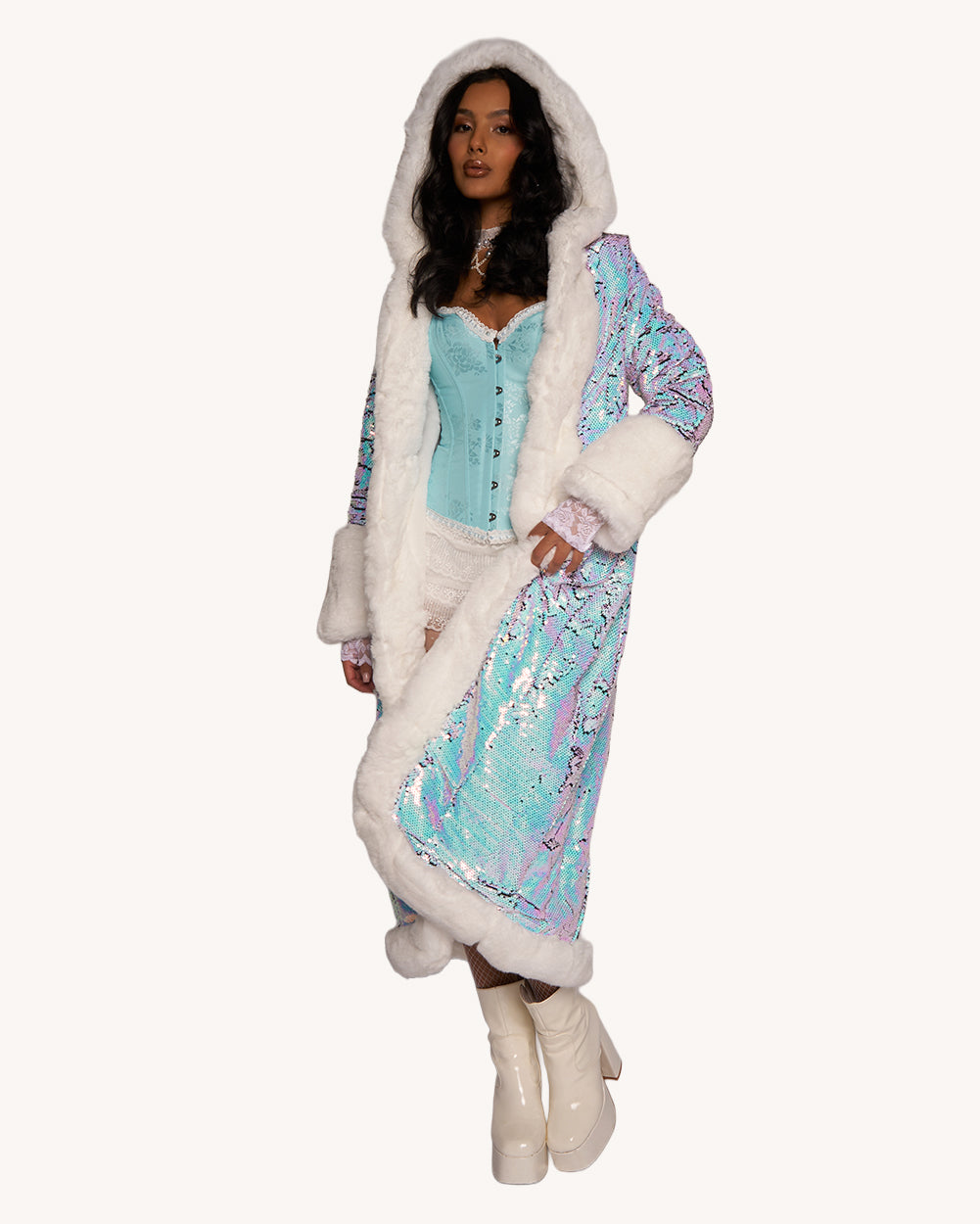 Arctic Allure Faux Fur Sequin Coat - Image 34809138970807