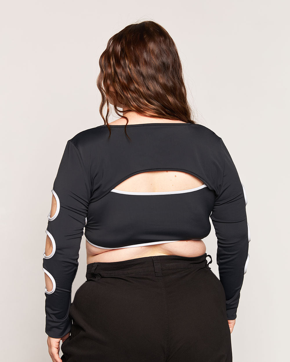 Backstage Baddie Reflective Arm Cutout Ultra Crop Top-Curve1-Black/Silver-Back--Milani---1X