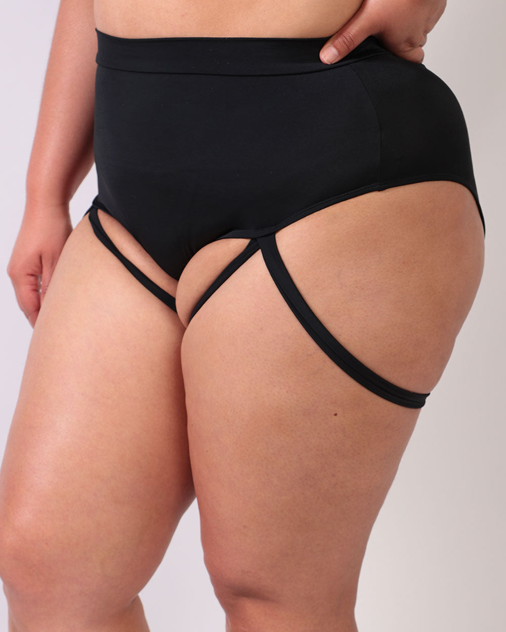 Badd Girl High Waisted Harness Booty Shorts 2.0-Black-Curve1-Side--Silvia---1X