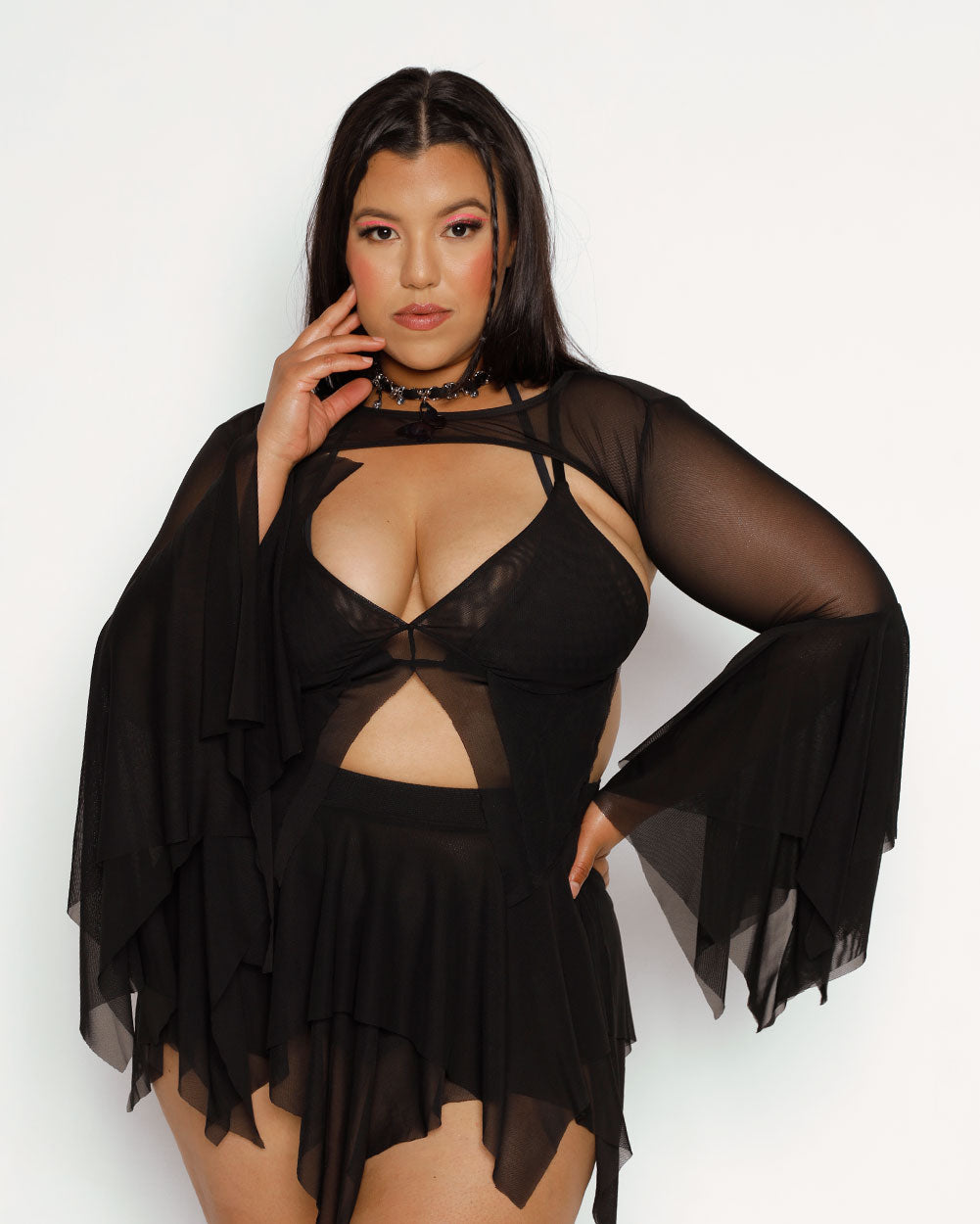 Dark Arts Mesh Bell Sleeve Ultra Crop Top-Black-Curve1-Front--Silvia---1X