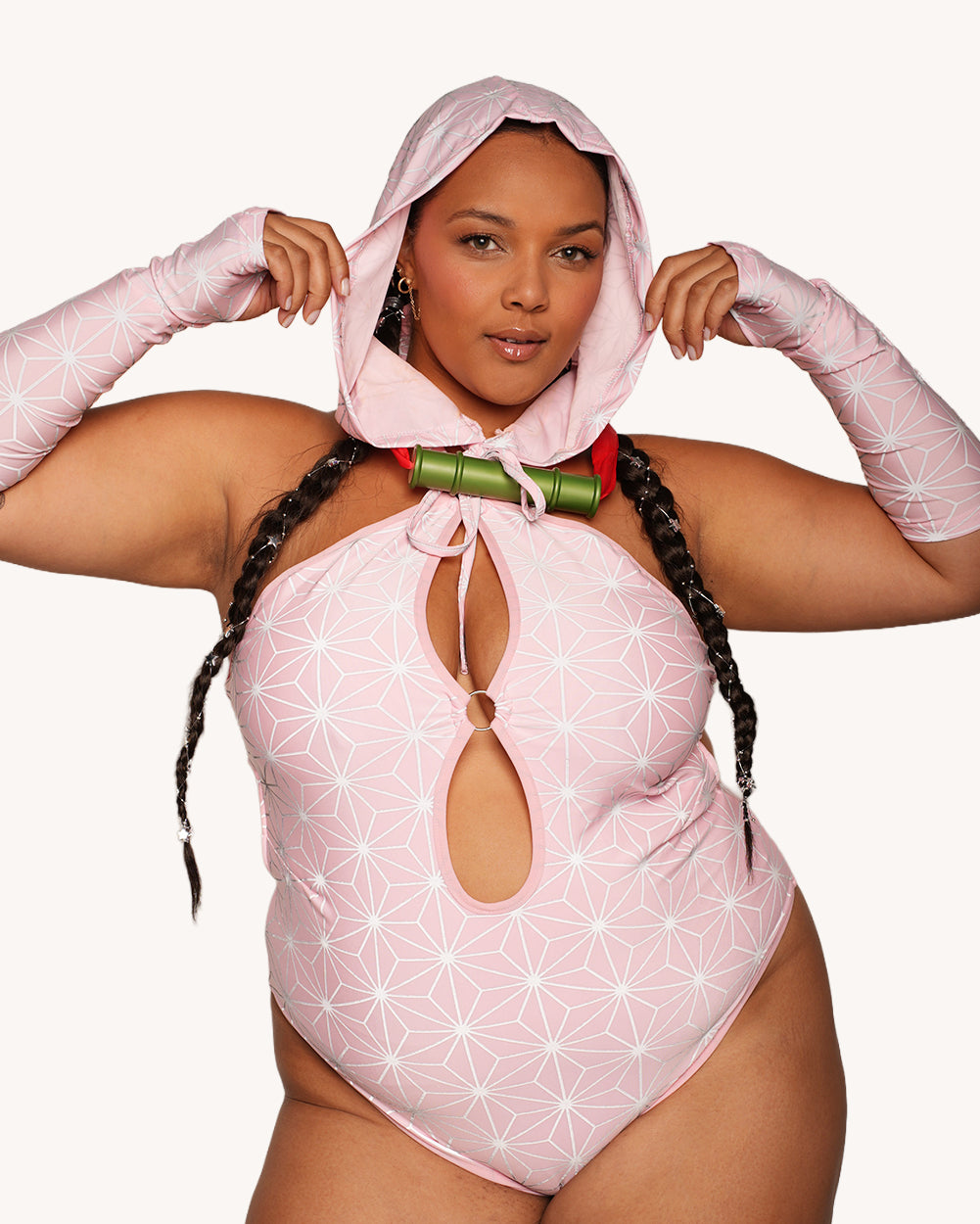 Demon Girl Pink Silver Reflective Bodysuit with Sleeves and Hood Set - Image 37605488951479