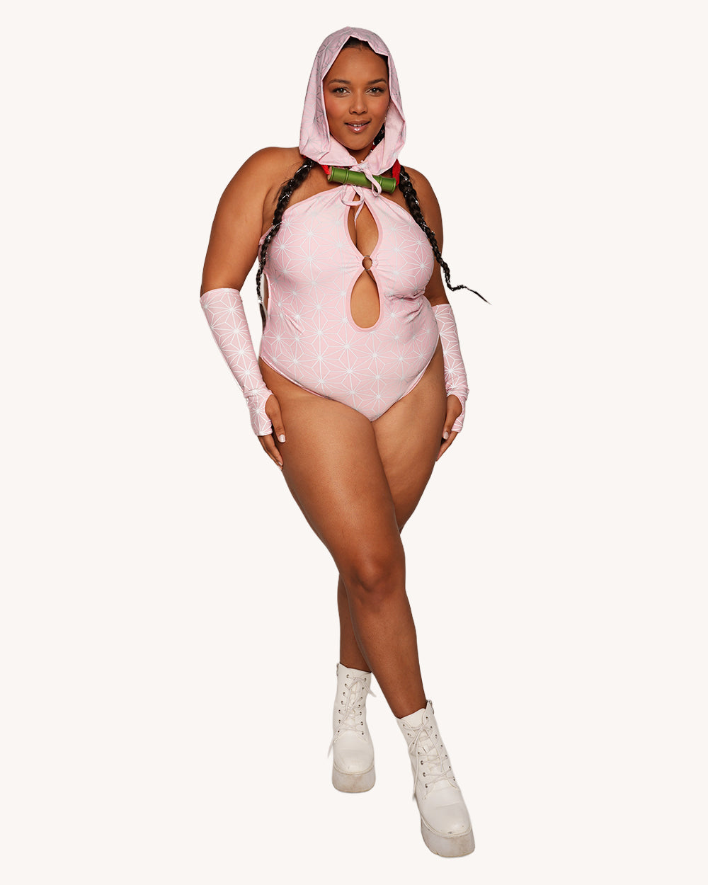 Demon Girl Pink Silver Reflective Bodysuit with Sleeves and Hood Set - Image 3