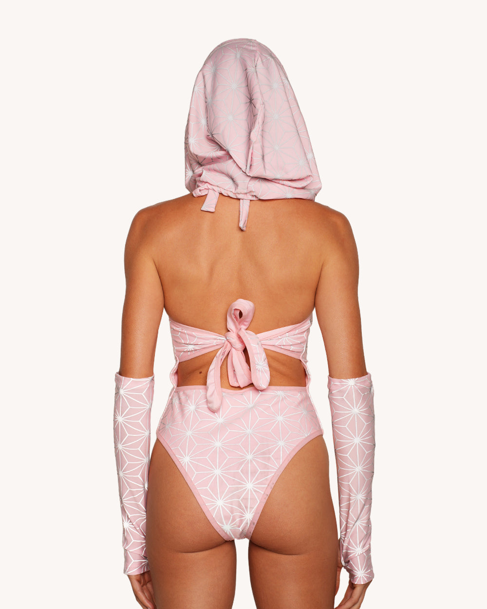 Demon Girl Pink Silver Reflective Bodysuit with Sleeves and Hood Set - Image 1