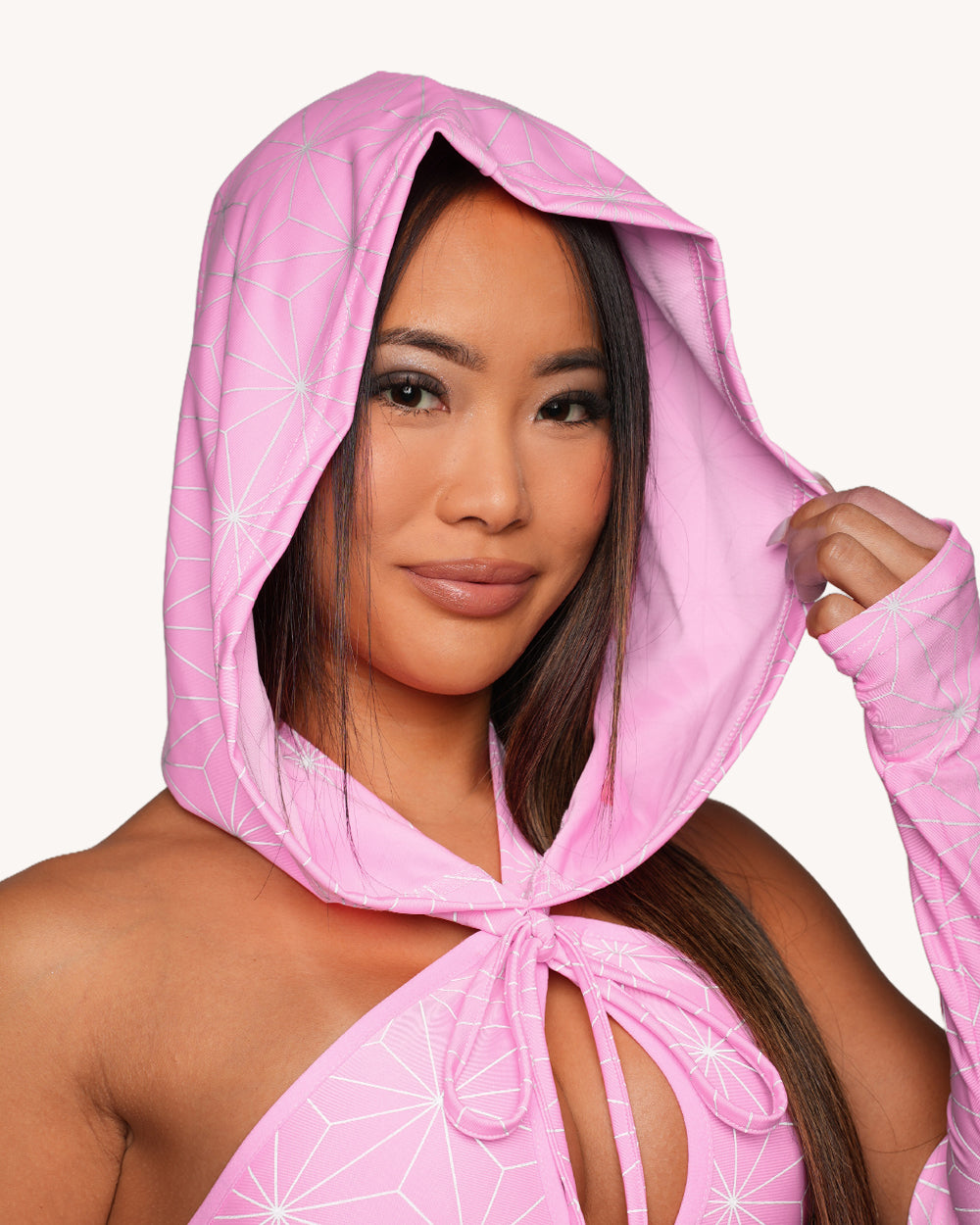Demon Girl Pink Silver Reflective Bodysuit with Sleeves and Hood Set - Image 2