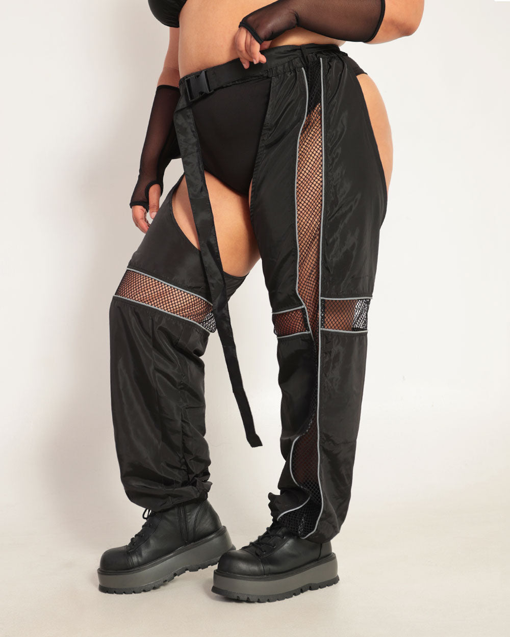 Evolution Chaps with Silver Reflective Stripes & Fishnet Panels-Curve1-Black/Silver-Side--Silvia---1X