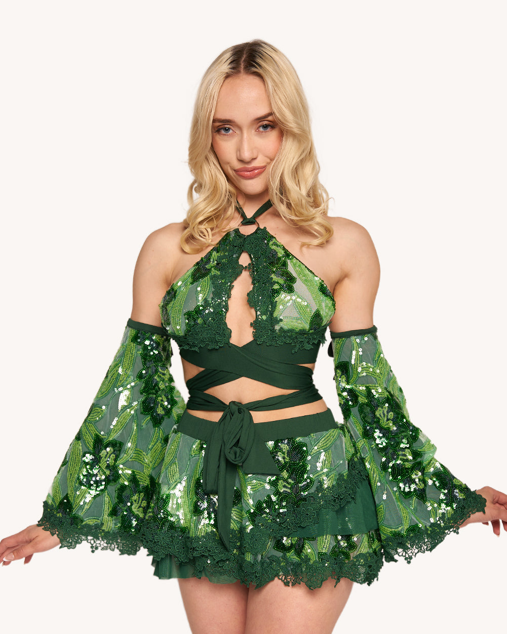 Fairytale Forest Floral Sequin Halter Cross Top - Image 34831516631223