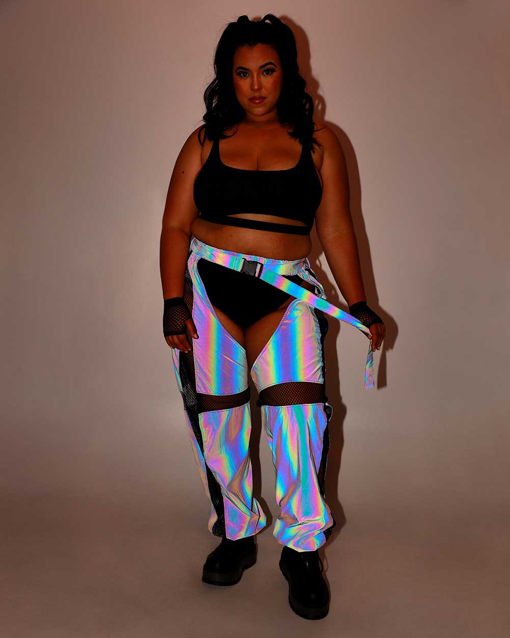 False Alarm Fishnet Rainbow Reflective Chaps-Curve1-Rainbow-Reflective Full--Silvia---1X