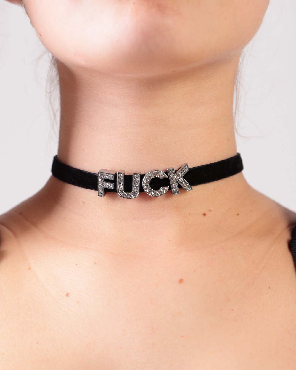 F*ck Rhinestone Choker-Black/Silver-Front