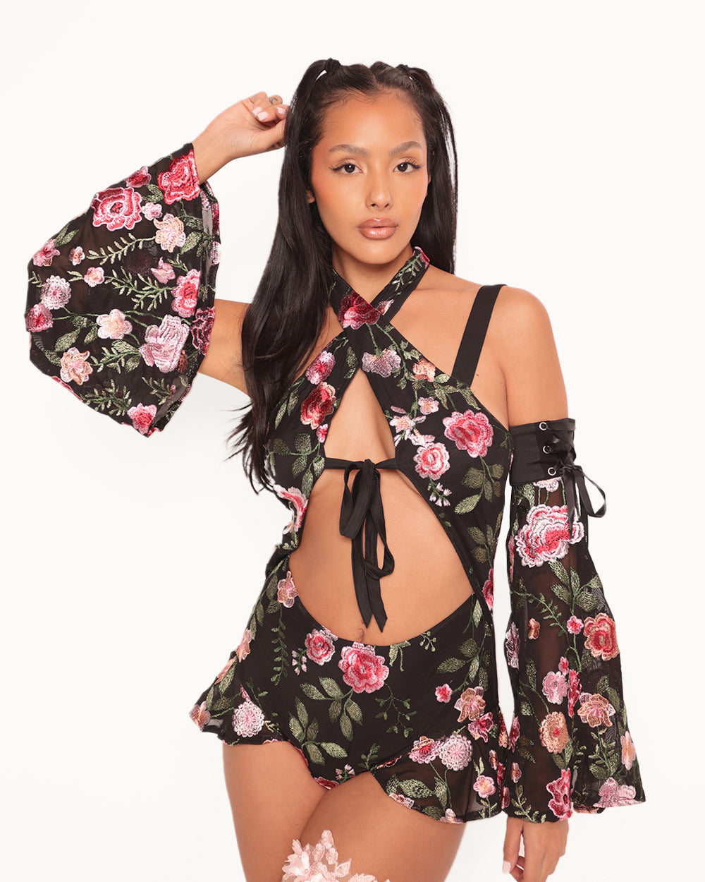 Forest Nymph Stretch Halter Lace Bodysuit Set 2.0 - Black - Image 31837348659383