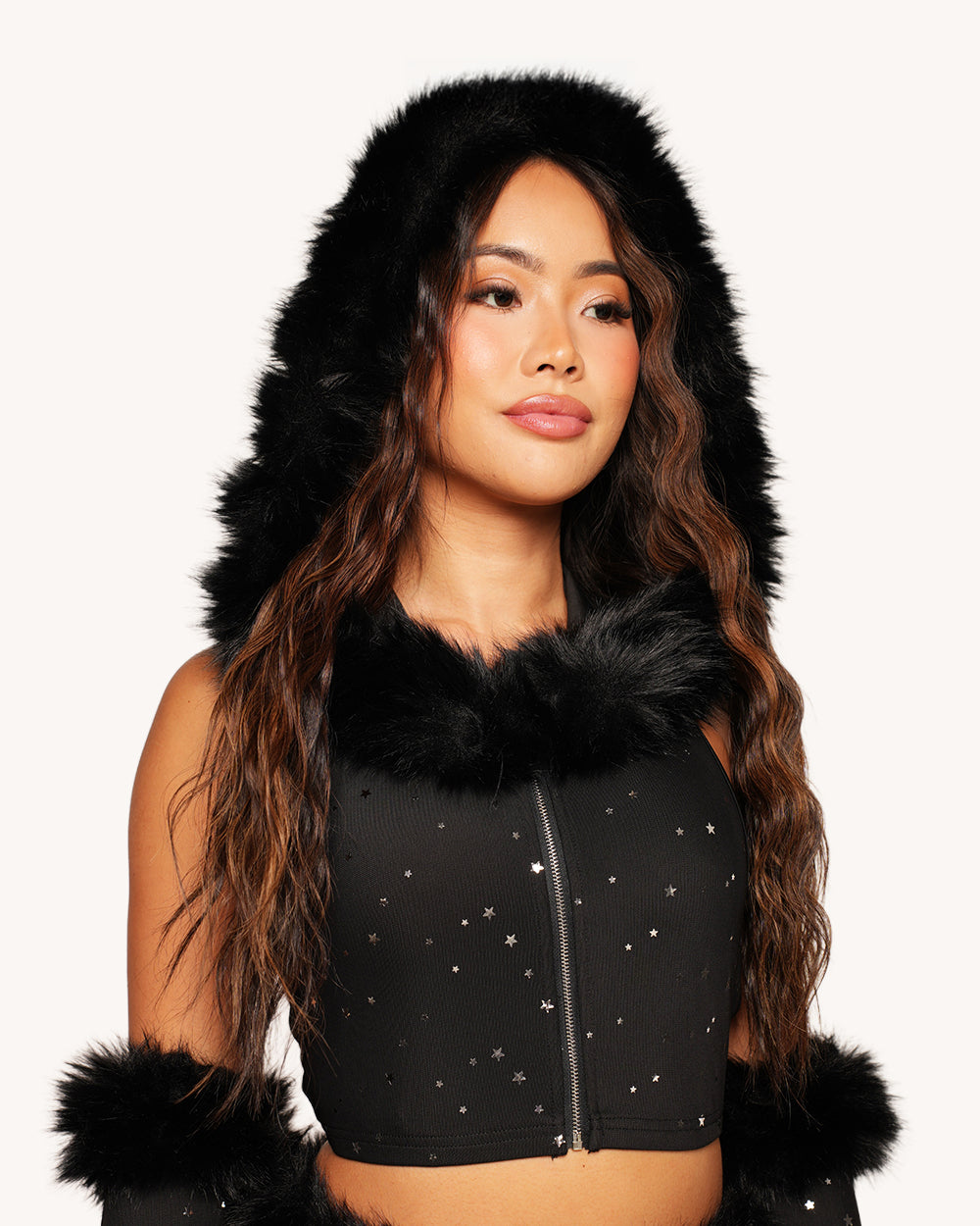 Holo Star Fur Hooded Top with Sleeves - Image 1
