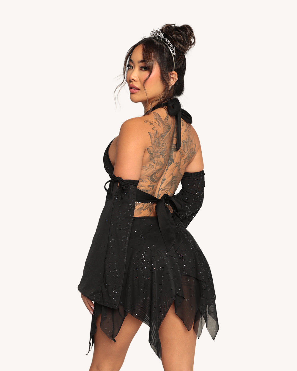 Holo Star Mesh Halter Dress with Sleeves - Image 3