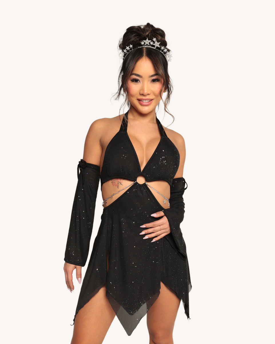 glitter star mesh dress Holo Star Mesh Halter Dress with Sleeves – iHeartRaves
