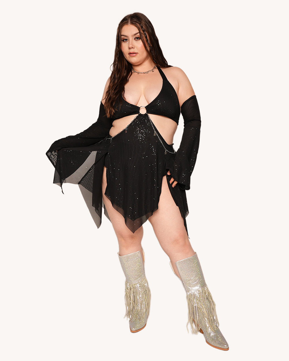 Holo Star Mesh Halter Dress with Sleeves - Image 34272470696119