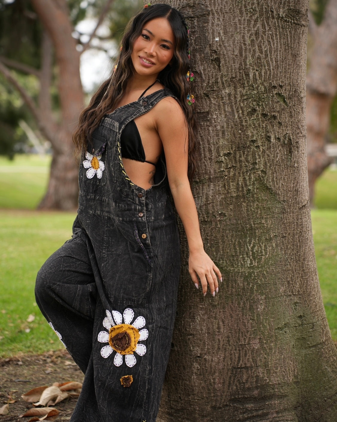 Sunflower State of Mind Overalls - Dark Grey Wash - Image 35573412954295