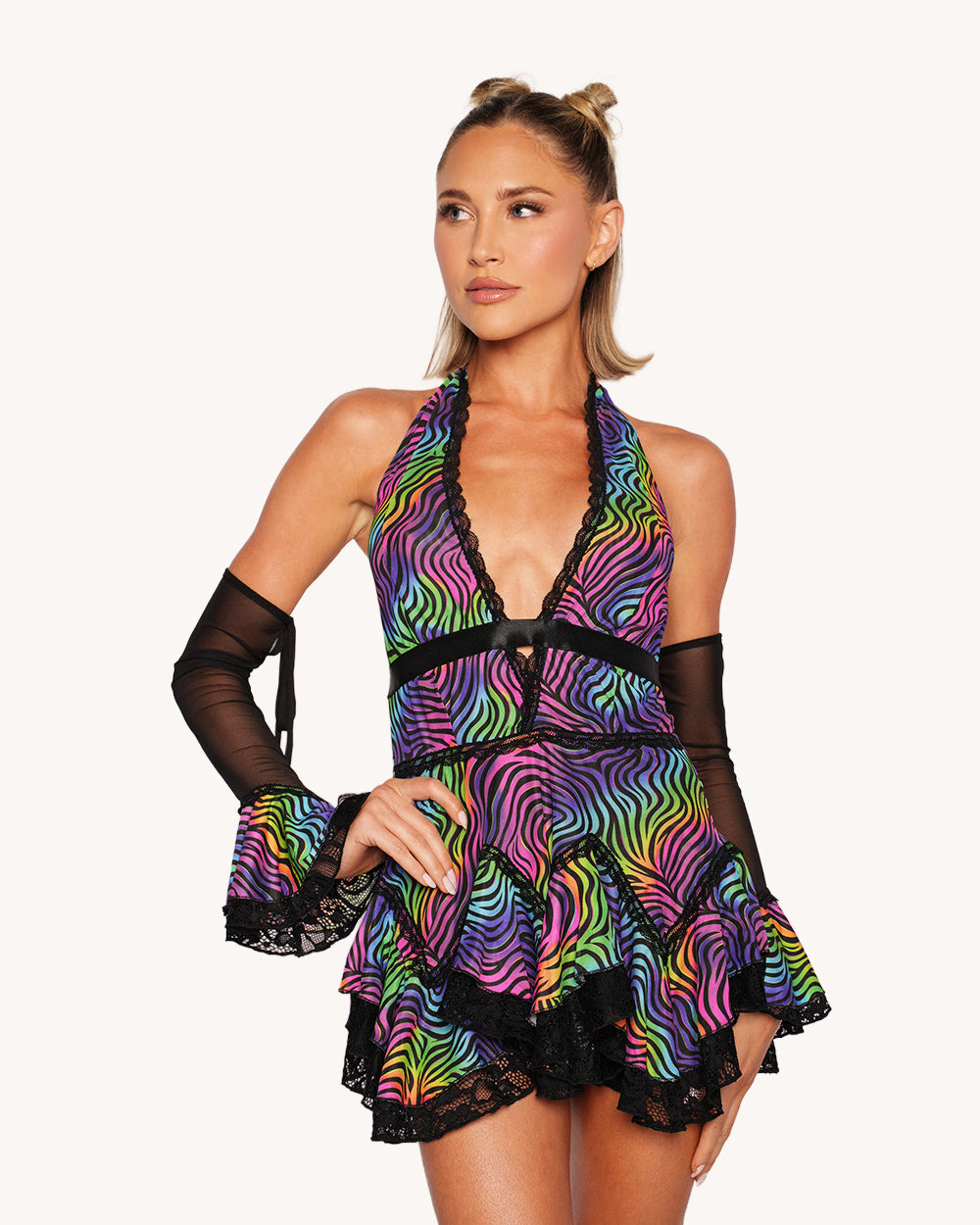 Kaleido Swirl Ruffle Halter Dress with Sleeves - Image 1