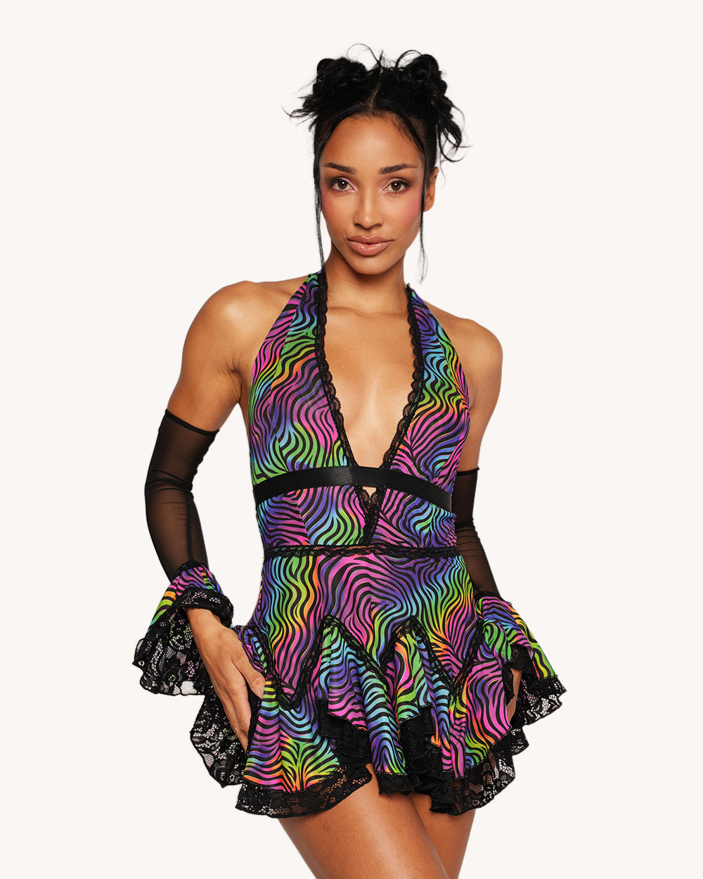 Kaleido Swirl Ruffle Halter Dress with Sleeves - Image 71065758138551