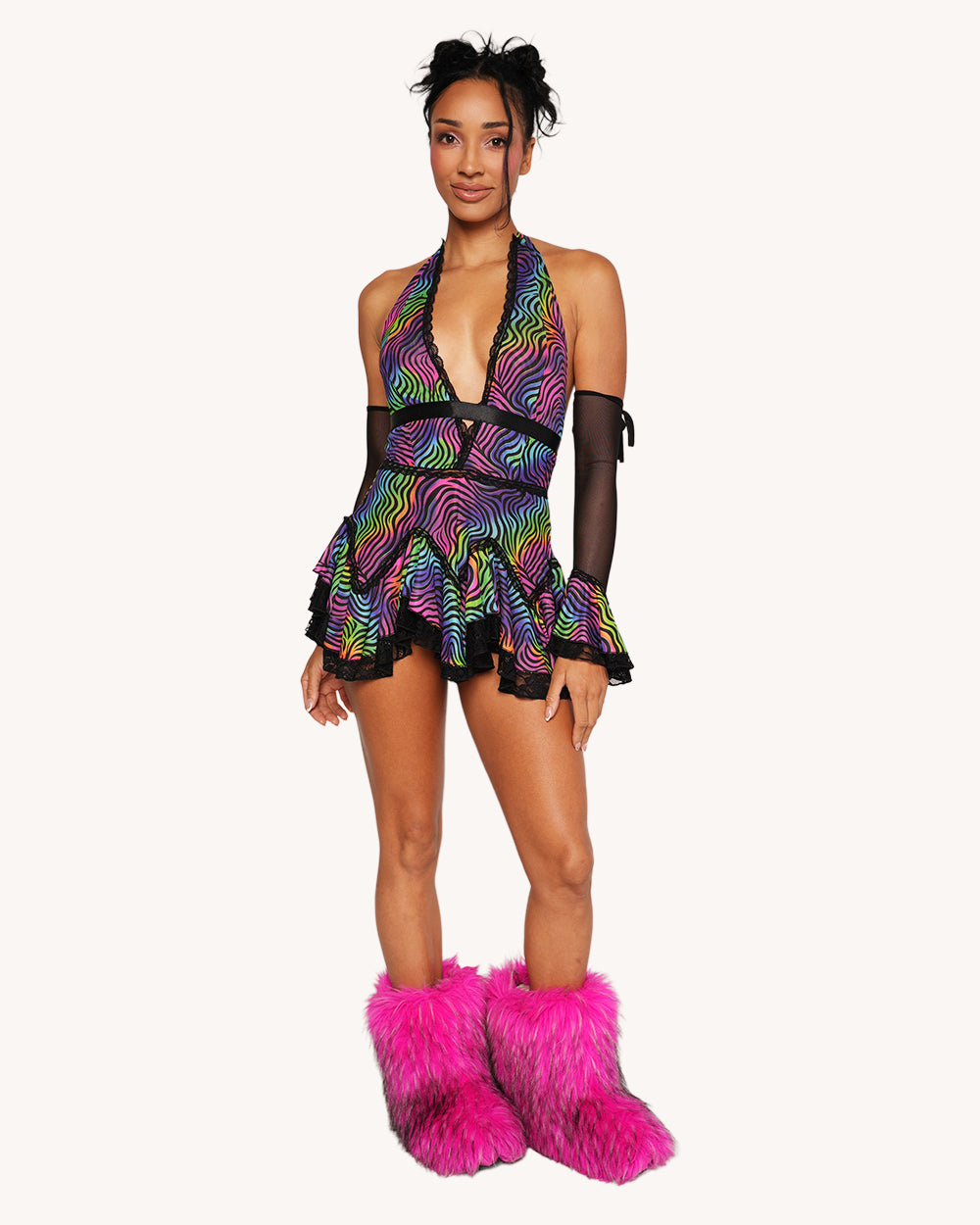 Kaleido Swirl Ruffle Halter Dress with Sleeves - Image 2