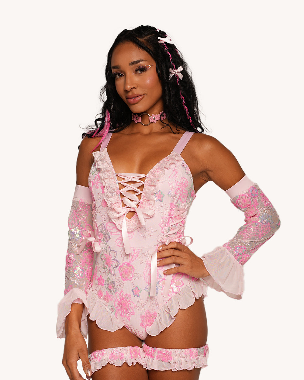 Magical Twinkling Bodysuit with Sleeves and Garter - Image 34131974848695