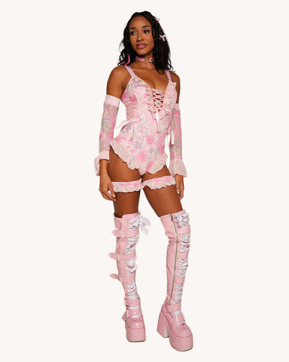 Magical Twinkling Bodysuit with Sleeves and Garter - Image 5