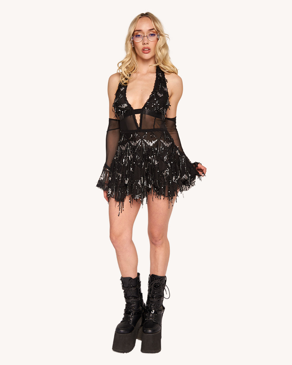 Moonlit Enchantment Halter Dress with Sleeves - Image 4