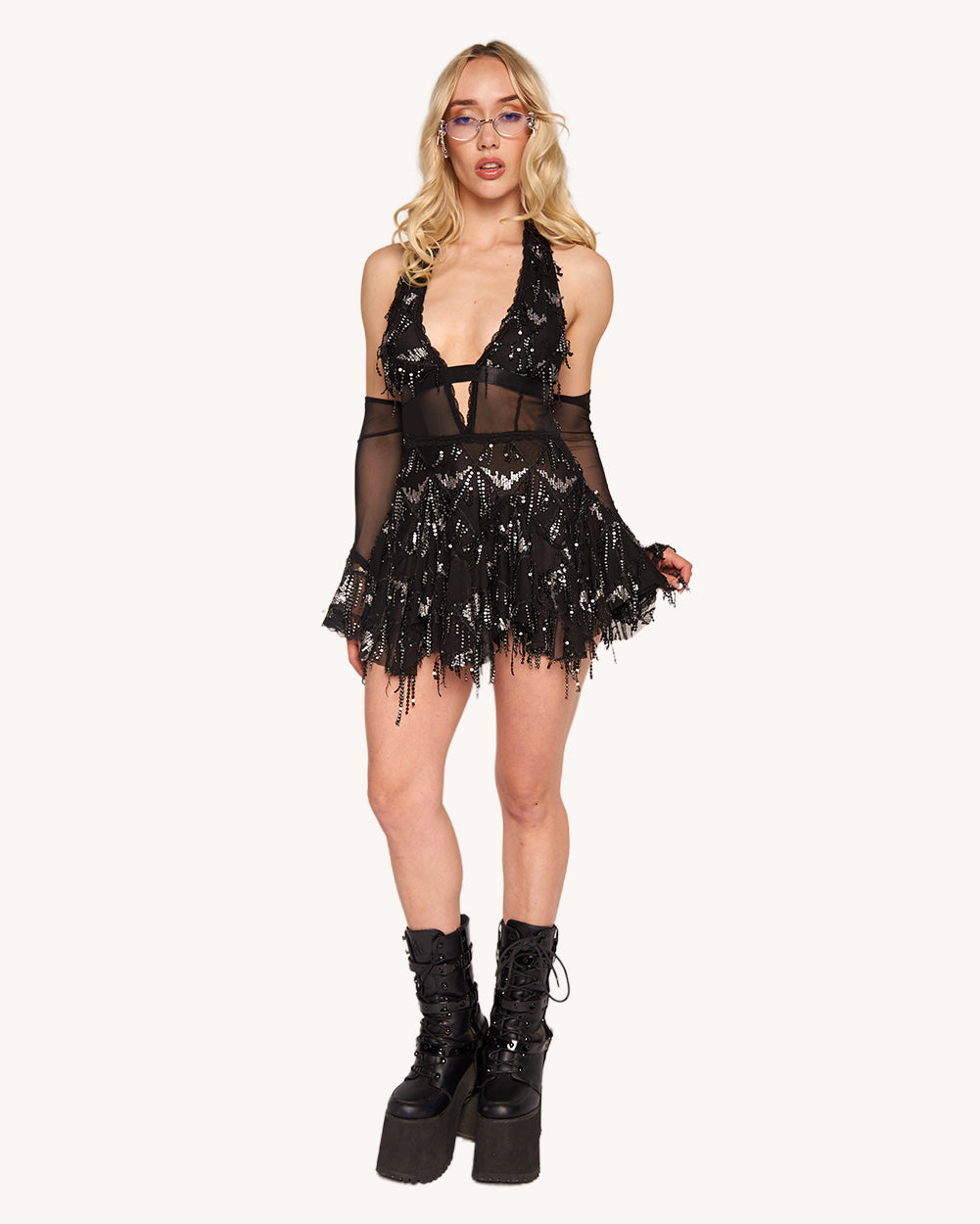 Moonlit Enchantment Halter Dress with Sleeves - Image 34826724212919