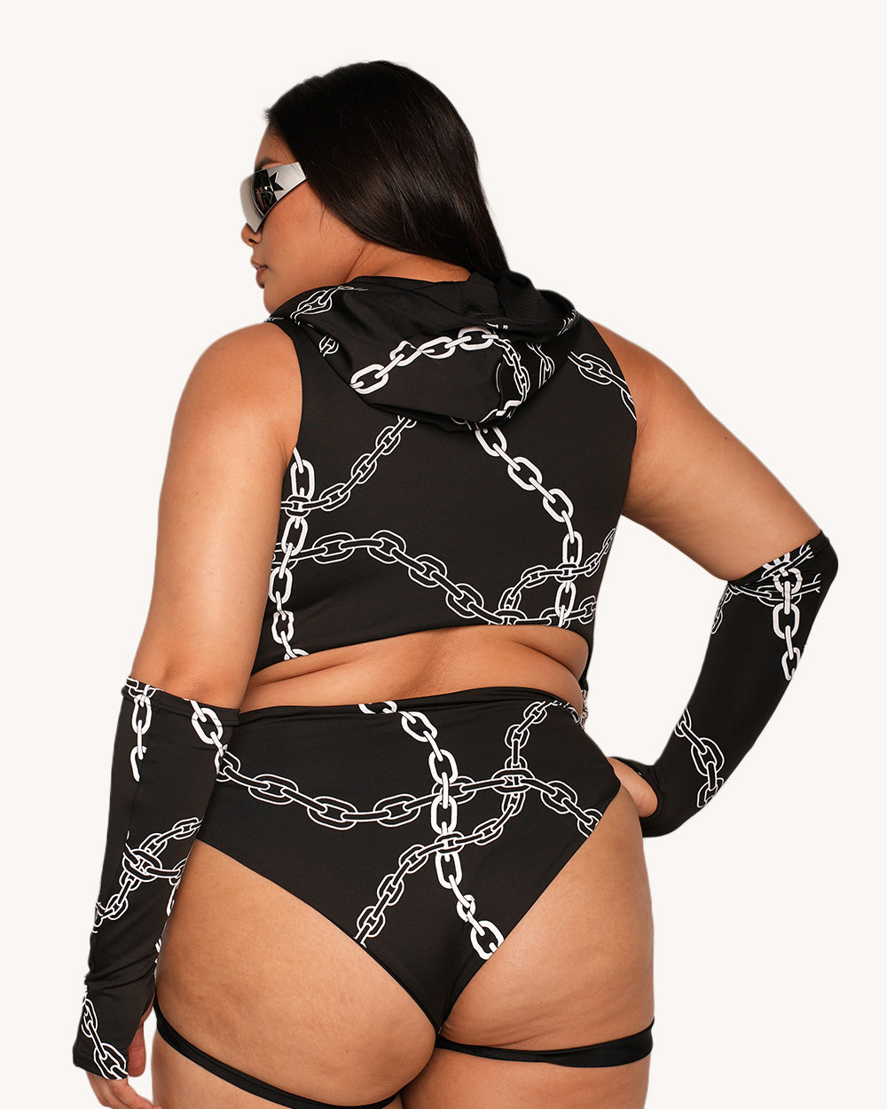 Power Surge Silver Reflective Hooded Chain Harness Bodysuit with Sleeves - Image 9