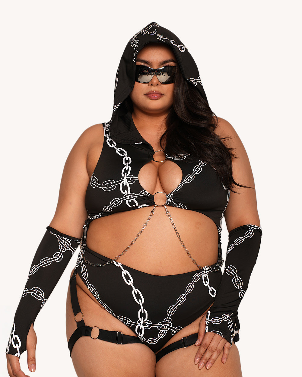 Power Surge Silver Reflective Hooded Chain Harness Bodysuit with Sleeves - Image 35012689756343