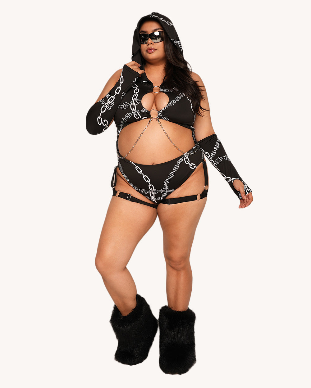 Power Surge Silver Reflective Hooded Chain Harness Bodysuit with Sleeves - Image 35012689789111