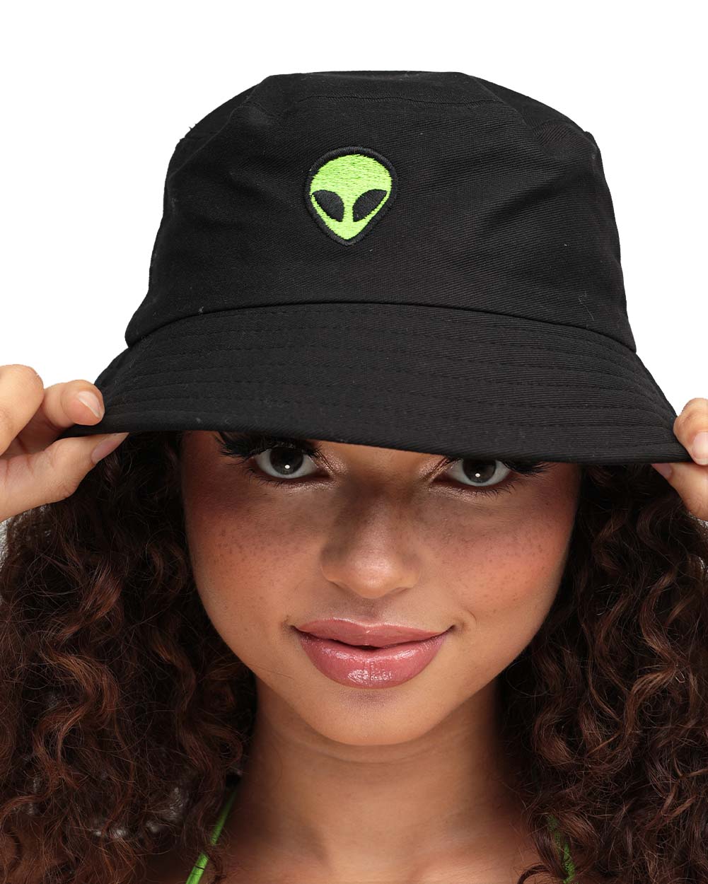 Probe Me Home Alien Bucket Hat-Black/Neon Green-Front