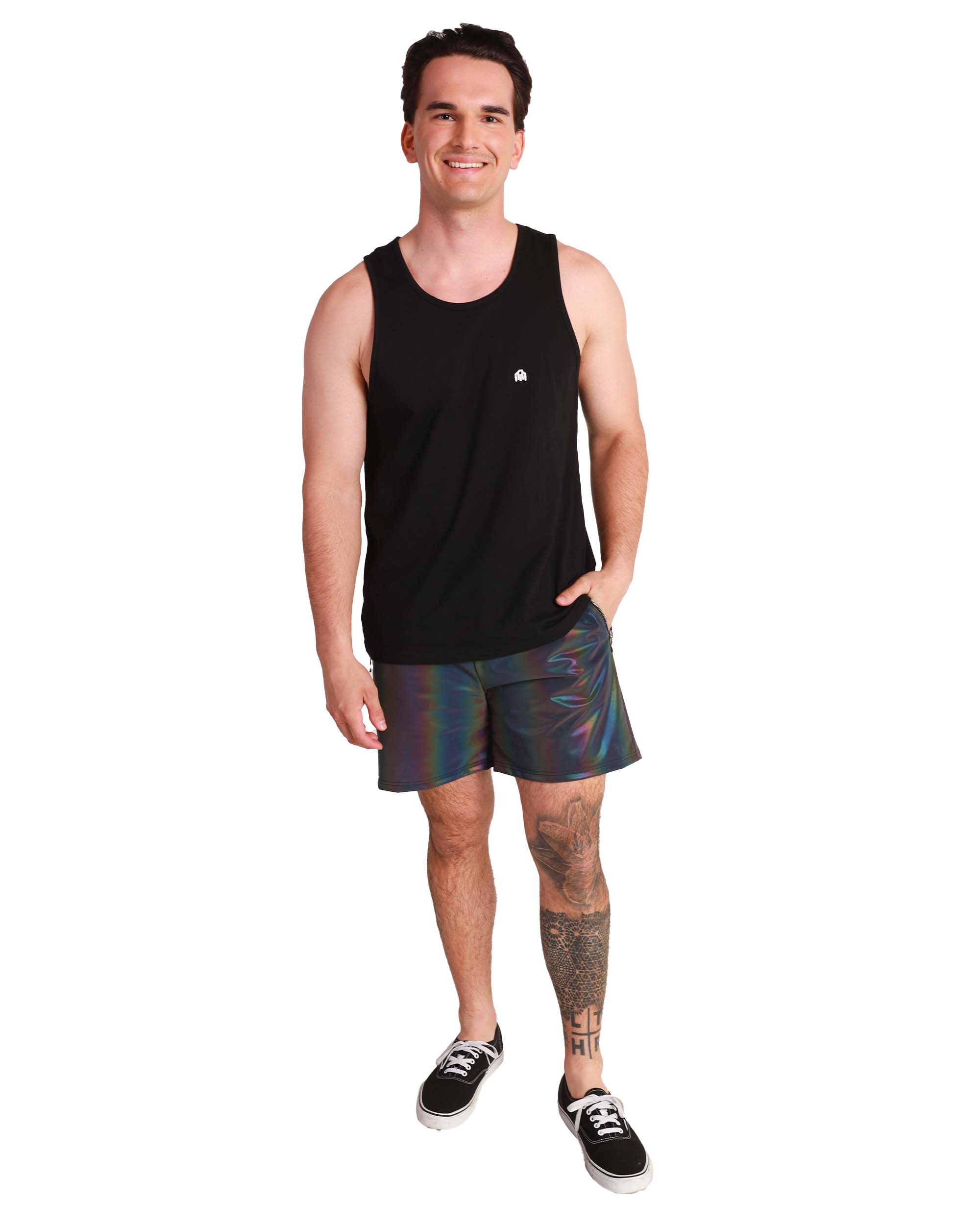 Rainbow Frequency Men's Reflective Shorts-Black/Rainbow-Full--David---M
