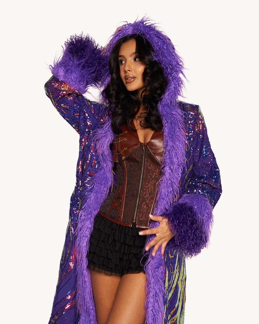 Rave Royalty Faux Fur Sequin Coat - Image 34809289310391