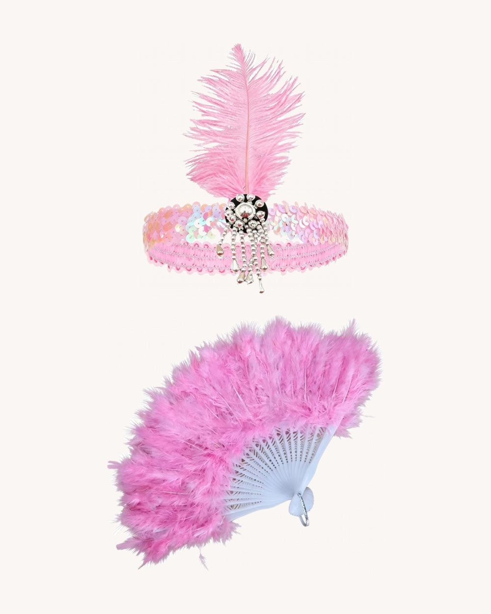 Showgirl Pink Feather Fan Set - Pink (fan + headpiece)
