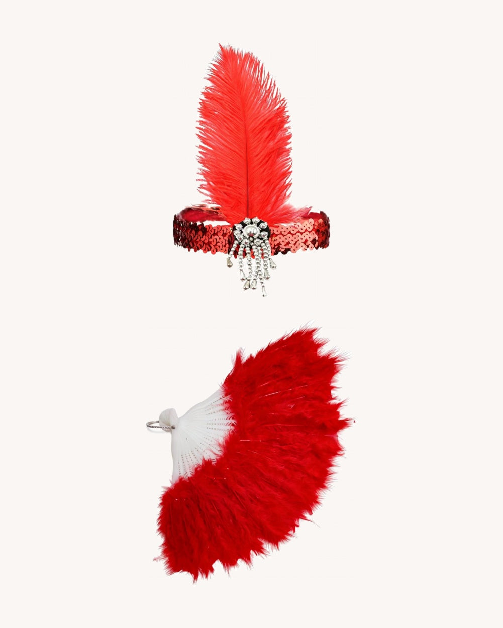 Showgirl Pink Feather Fan Set - Red (fan + headpiece)