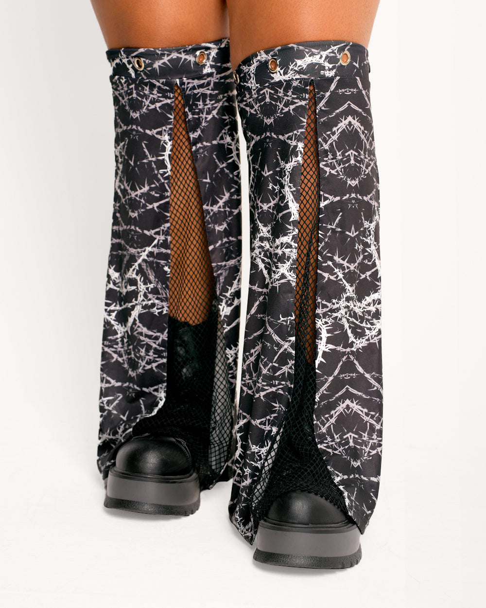 Sunflowerraver x iHR I'm Sensitive Fishnet Leg Warmers-Black/White-Curve1-Front--Cassie---Plus Size