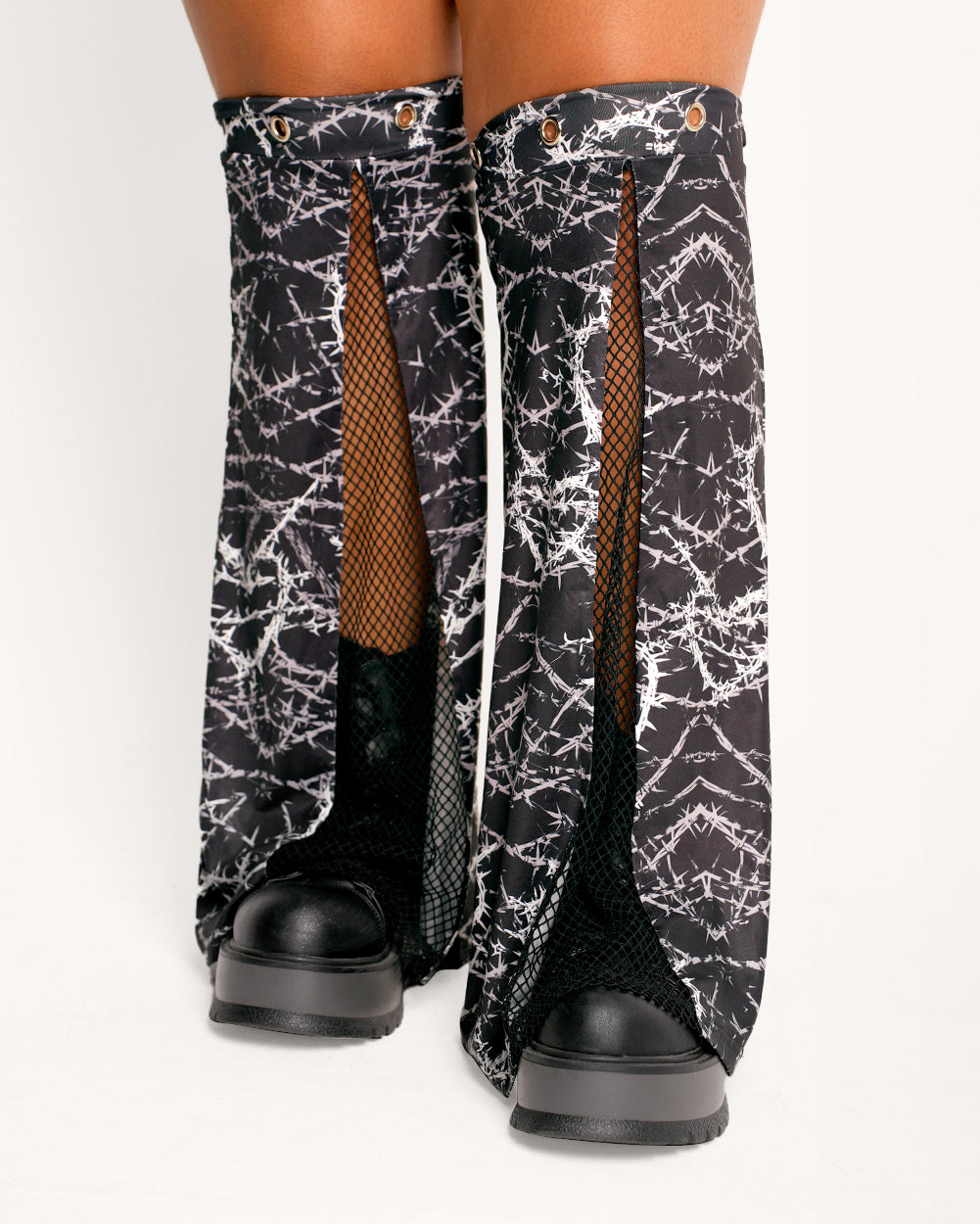 Sunflowerraver x iHR I'm Sensitive Fishnet Leg Warmers-Black/White-Curve1-Front--Cassie---Plus Size