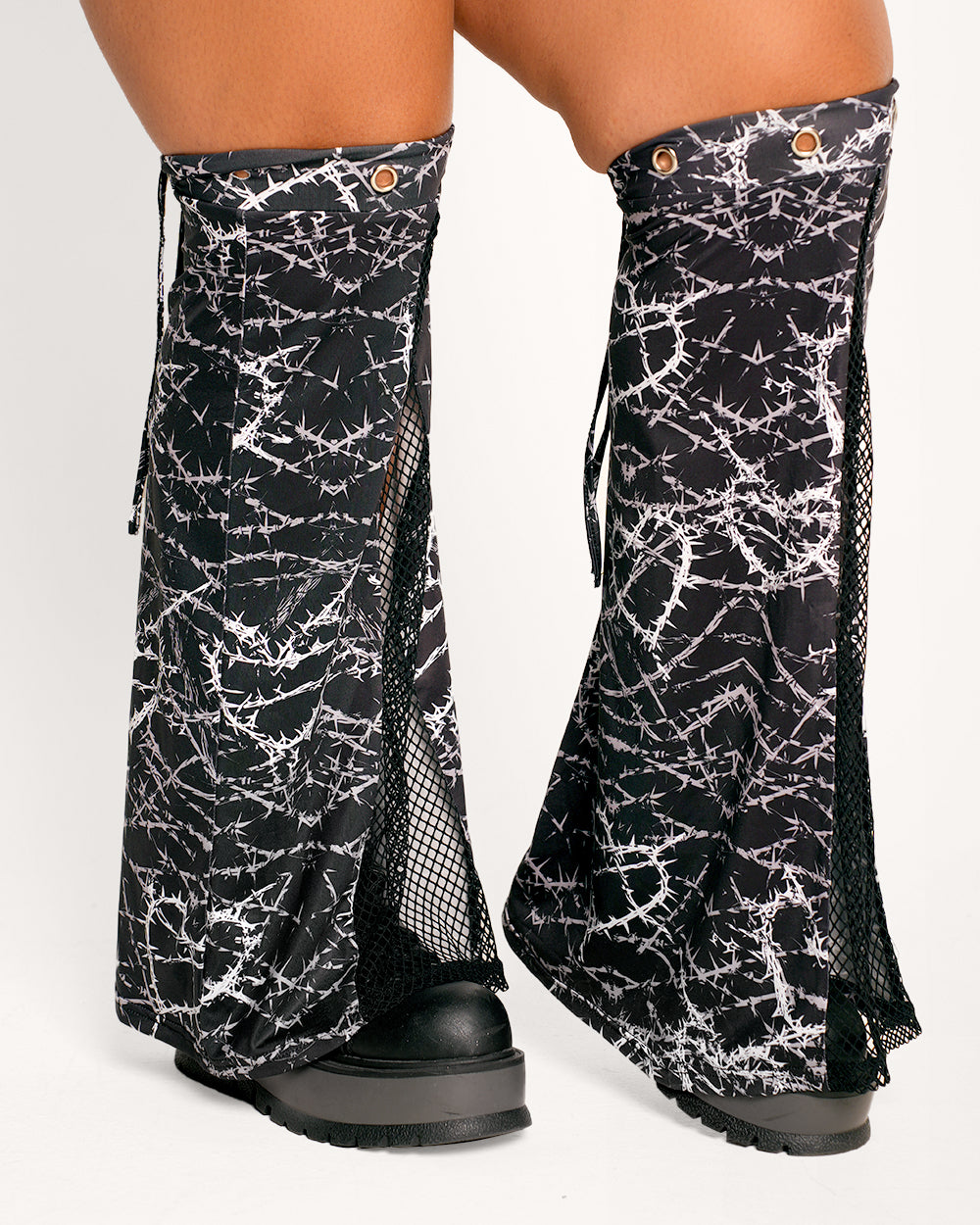 Sunflowerraver x iHR I'm Sensitive Fishnet Leg Warmers-Black/White-Curve1-Side--Cassie---Plus Size