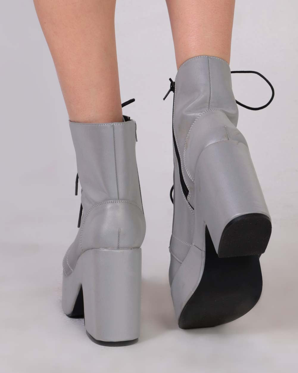 Thunderbolt Silver Reflective Lace Up Boots-Silver-Back
