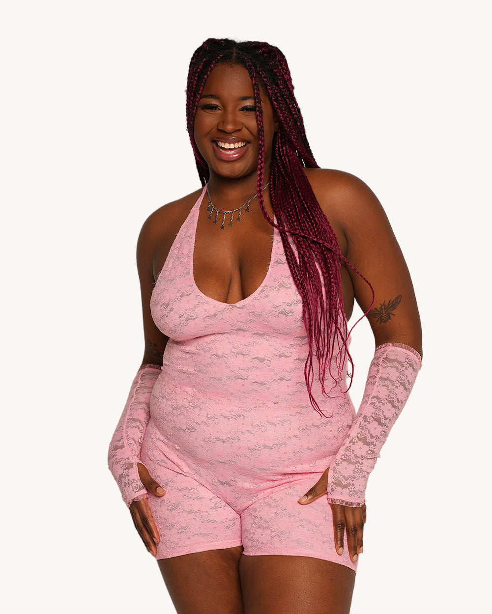 VIP Behavior Lace Romper with Sleeves - Pink - Image 34634079502519