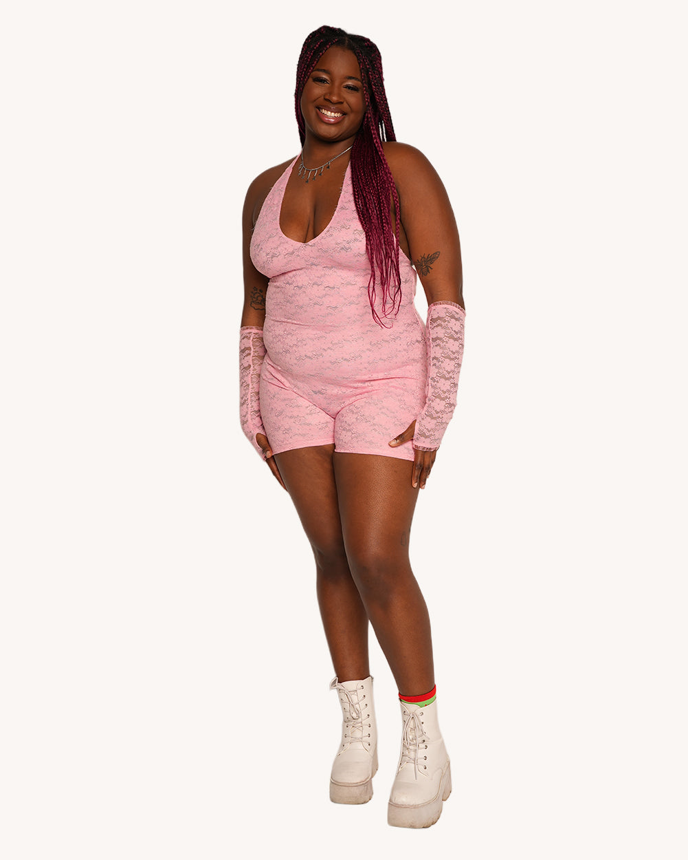 VIP Behavior Lace Romper with Sleeves - Pink - Image 34634079535287