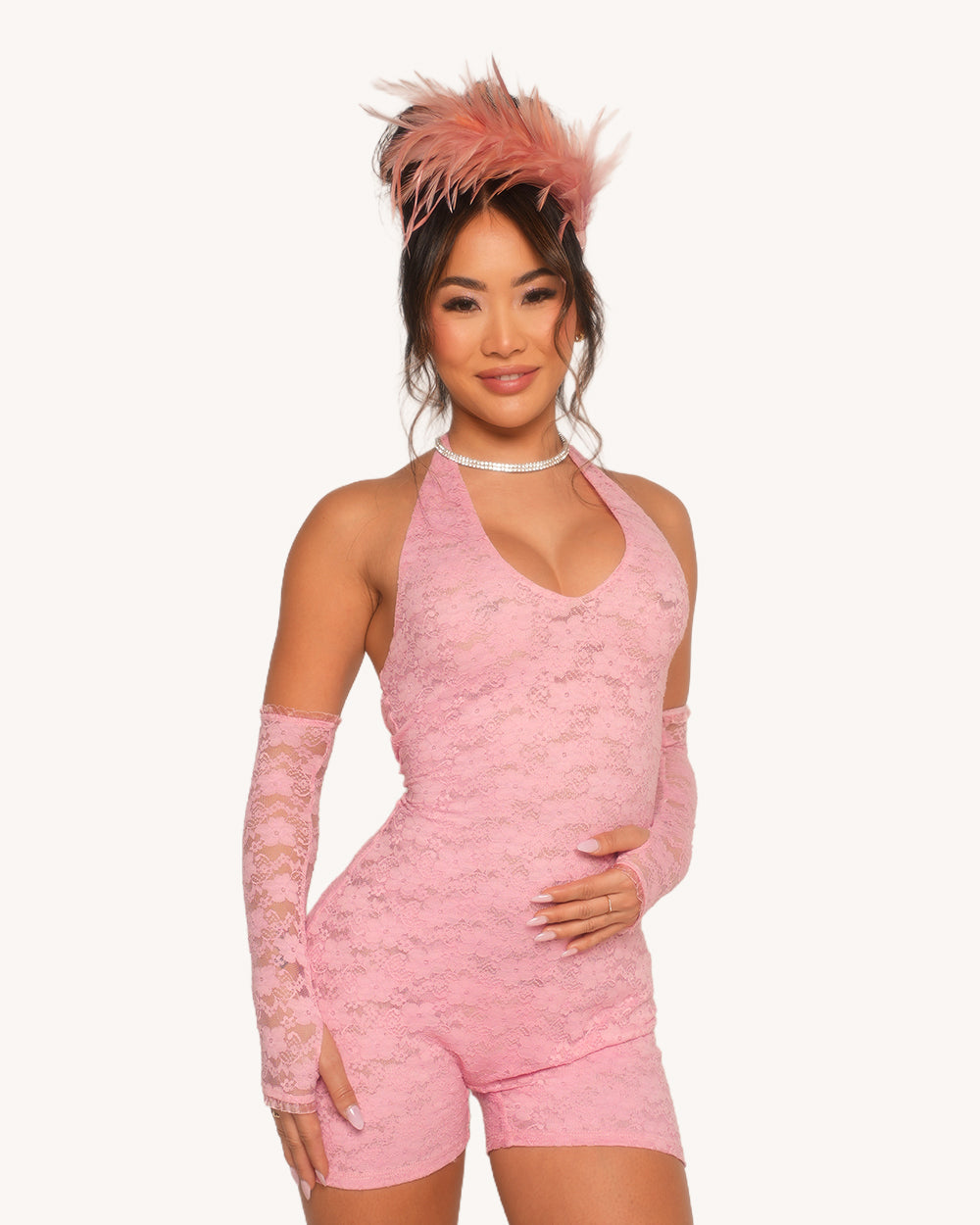 VIP Behavior Lace Romper with Sleeves - Pink - Image 34556642033847