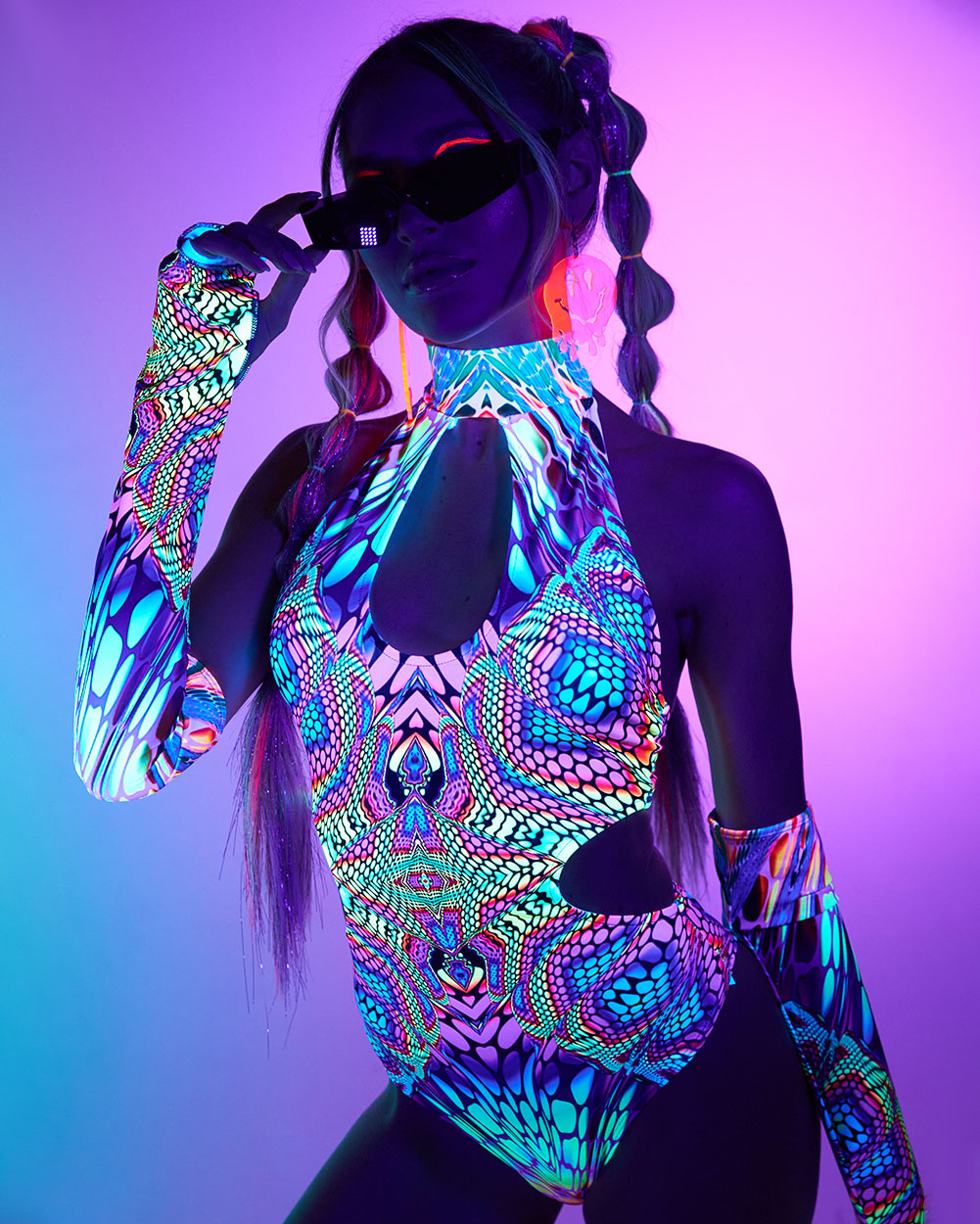 Viper Vision Halter Cutout Bodysuit with Gloves-Rainbow-Regular-UV--Liberty---S